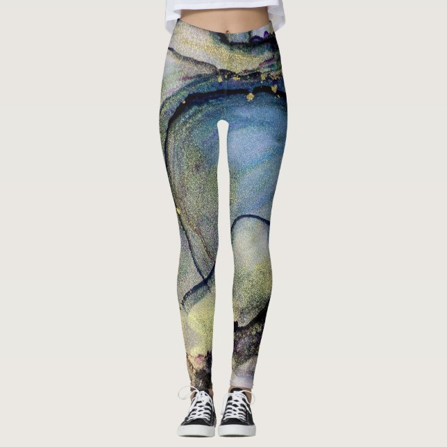 Abstract Alcohol Ink Shimmery Multicolored Legging (Front)