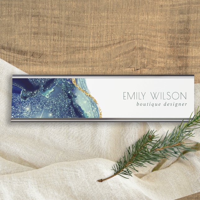 Abstract Alcohol Ink Silver Navy Blue Glitter Desk Name Plate (Creator Uploaded)