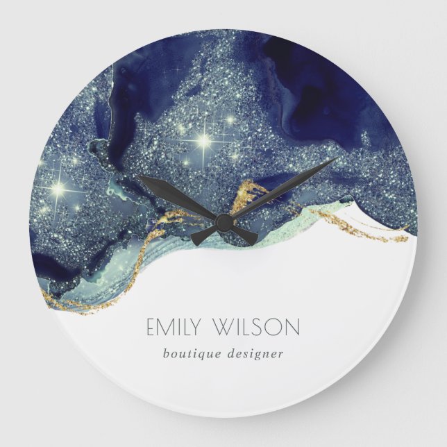 Abstract Alcohol Ink Silver Navy Blue Glitter Large Clock (Front)