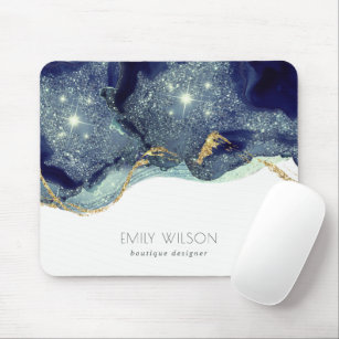 Abstract Alcohol Ink Silver Navy Blue Glitter Mouse Pad
