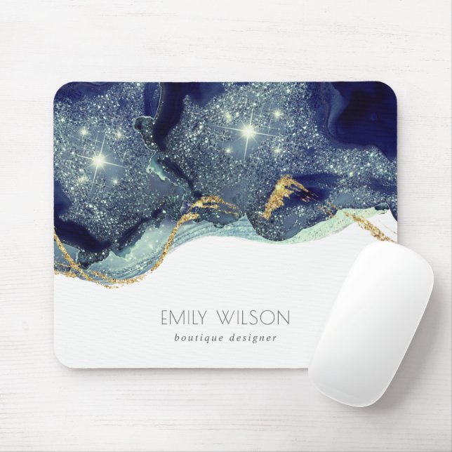 Abstract Alcohol Ink Silver Navy Blue Glitter Mouse Pad (With Mouse)