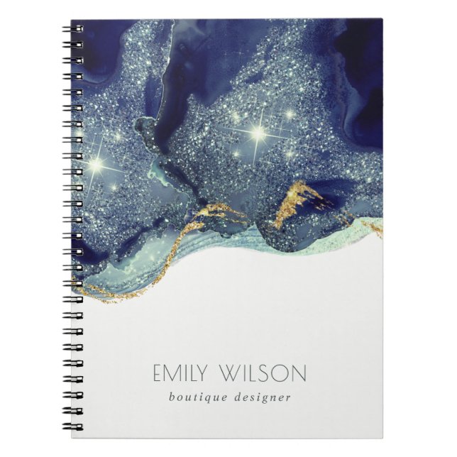 Abstract Alcohol Ink Silver Navy Blue Glitter Notebook (Front)