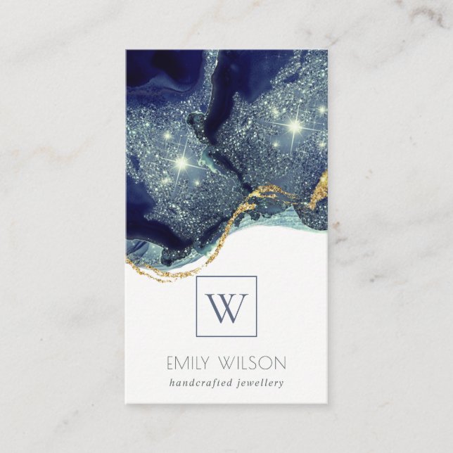 Abstract Alcohol Ink Silver Navy Glitter Monogram Business Card (Front)