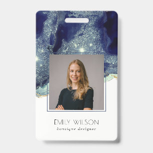 Abstract Alcohol Ink Silver Navy  Glitter Photo ID Badge