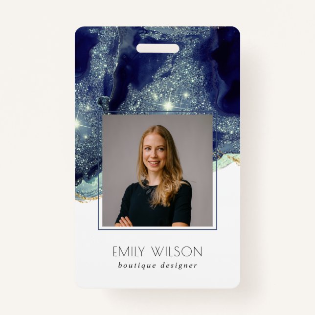 Abstract Alcohol Ink Silver Navy  Glitter Photo ID Badge (Front)