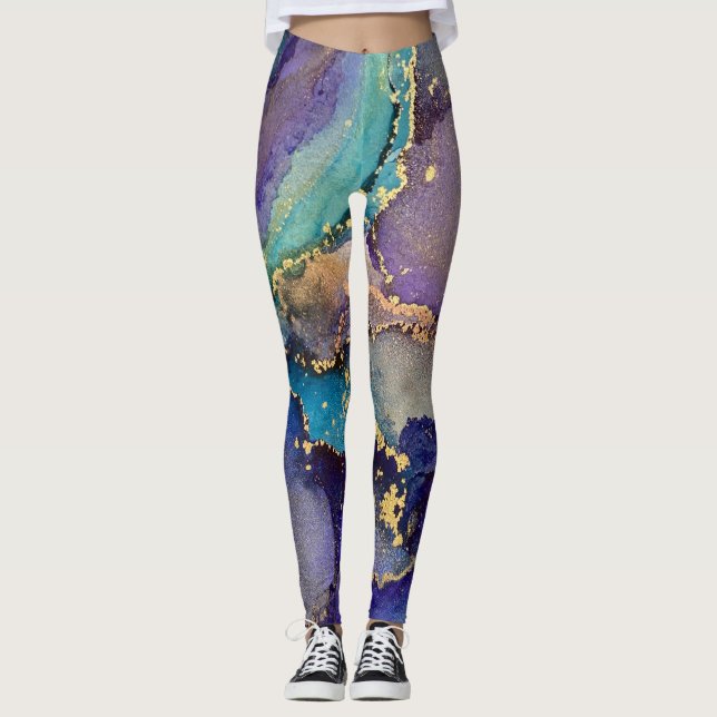 Abstract Alcohol Ink Teal Purple Blue & Gold Leggings (Front)