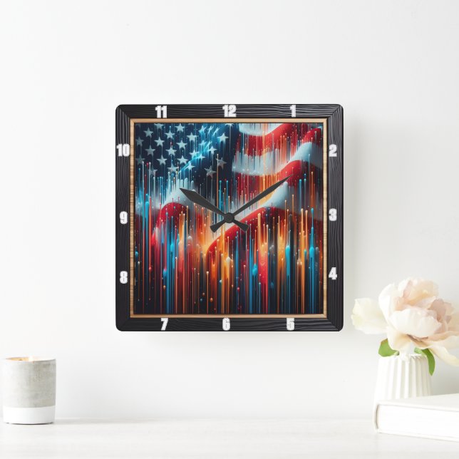 Abstract American Flag Modern  Square Wall Clock (Home)