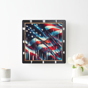 Abstract American Flag Patriotic  Square Wall Clock