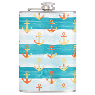 Abstract anchors: watercolor stripe pattern. hip flask