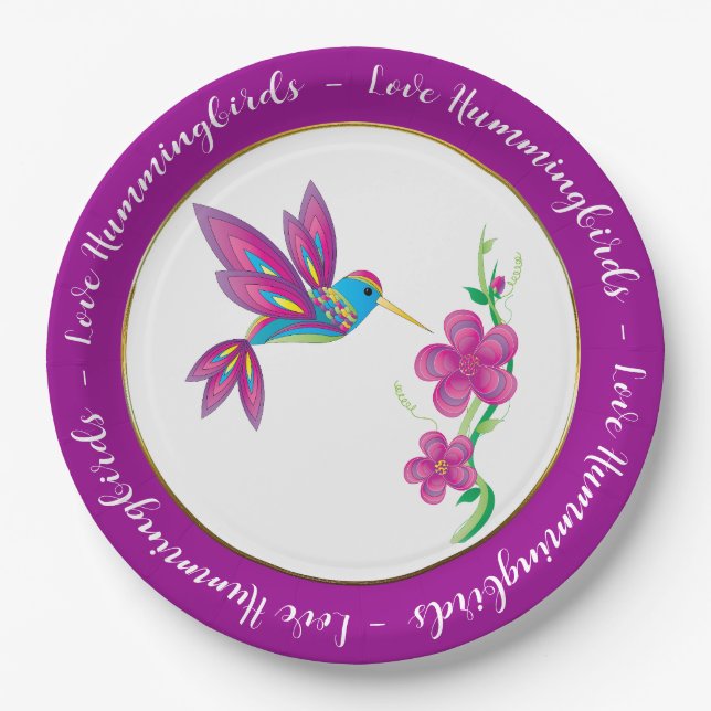 Abstract and Colourful Hummingbird and Flowers Paper Plate (Front)