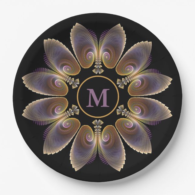 Abstract Angel Wings Mandala Fractal Monogram Paper Plate (Front)