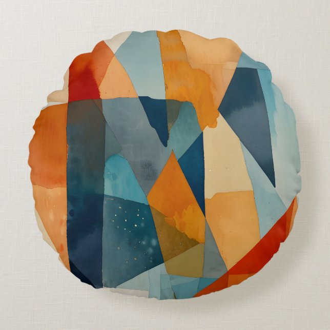 Abstract Angles of Blue and Orange Round Cushion (Front)