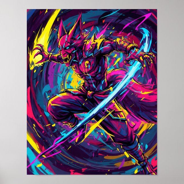Abstract Anime: Neon Kitsune Warrior Poster (Front)