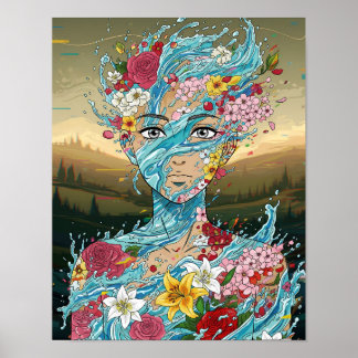 Abstract Anime: Water Spirit with Floral Bloom Poster