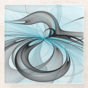 Abstract Anthracite Gray Blue Modern Fractal Art Glass Coaster