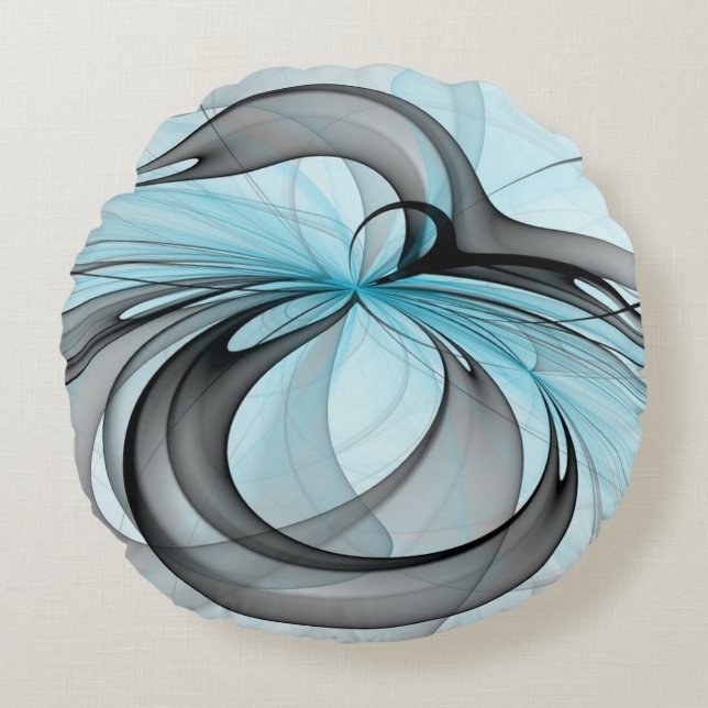 Abstract Anthracite Gray Blue Modern Fractal Art Round Cushion (Front)
