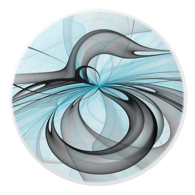 Abstract Anthracite Grey Blue Modern Fractal Art Ceramic Knob (Front)