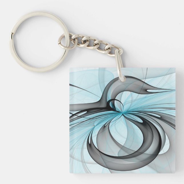 Abstract Anthracite Grey Blue Modern Fractal Art Key Ring (Front)