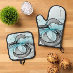 Abstract Anthracite Grey Blue Modern Fractal Art Oven Mitt & Pot Holder Set