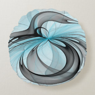 Abstract Anthracite Grey Blue Modern Fractal Art Round Cushion