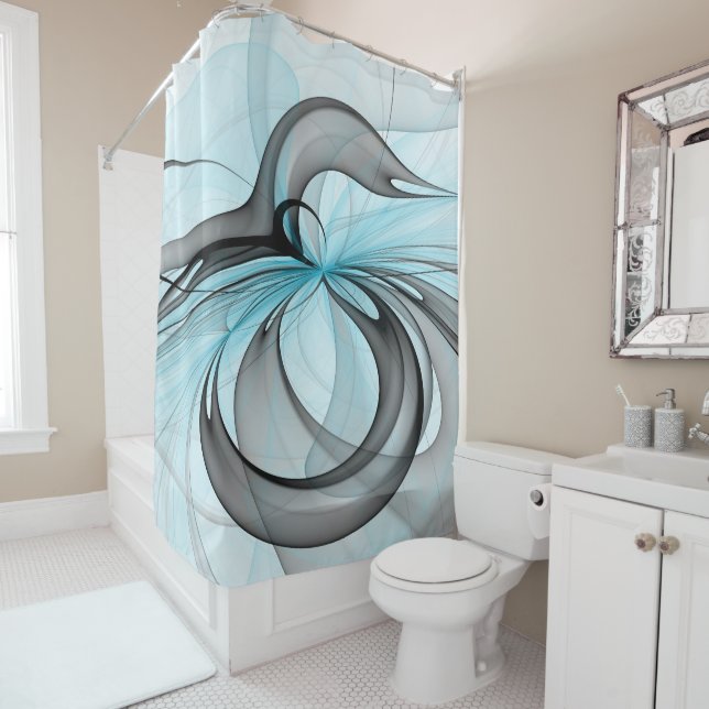 Abstract Anthracite Grey Blue Modern Fractal Art Shower Curtain (In Situ)