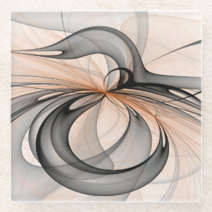 Abstract Anthracite Grey Sienna Modern Fractal Art Glass Coaster