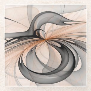 Abstract Anthracite Grey Sienna Modern Fractal Art Glass Coaster