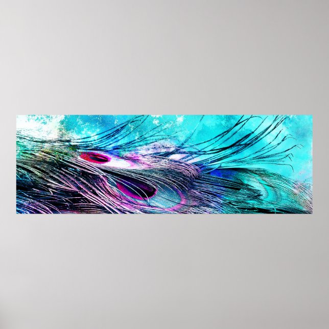 Abstract Aqua and Magenta Closeup Peacock Feathers Poster (Front)