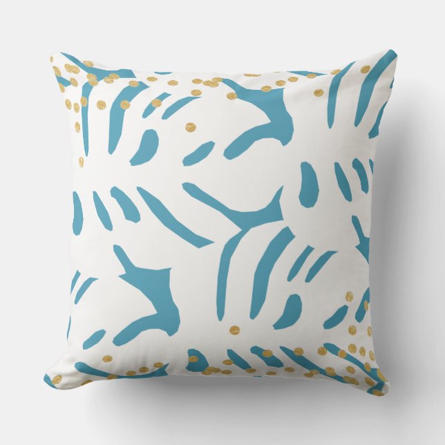 Abstract Aqua Blue and White Leaves with Faux Gold Cushion (Front)