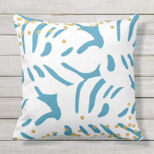 Abstract Aqua Blue and White Leaves with Faux Gold Cushion