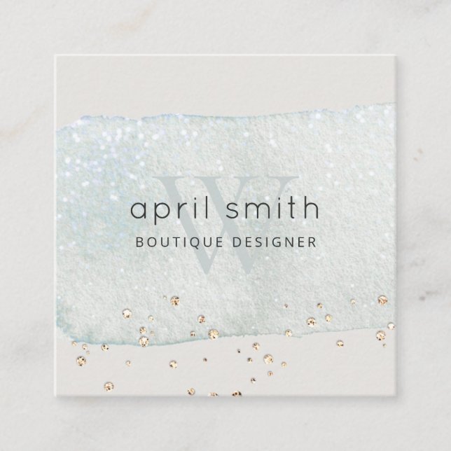 Abstract Aqua Blue Brush Stoke Monogram Glitter Square Business Card (Front)