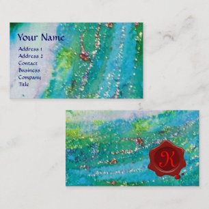 ABSTRACT AQUA BLUE TEAL GOLD SPARKLES,RED WAX SEAL BUSINESS CARD