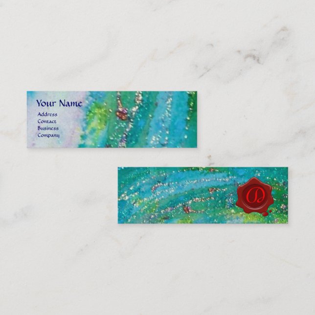 ABSTRACT AQUA BLUE TEAL GOLD SPARKLES,RED WAX SEAL MINI BUSINESS CARD (Front/Back)
