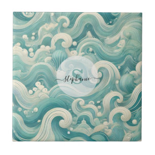 Abstract Aqua Blue & White Wave – Modern Fluid Art Ceramic Tile
