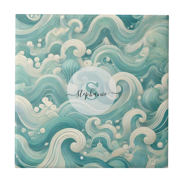 Abstract Aqua Blue & White Wave – Modern Fluid Art Ceramic Tile (Front)