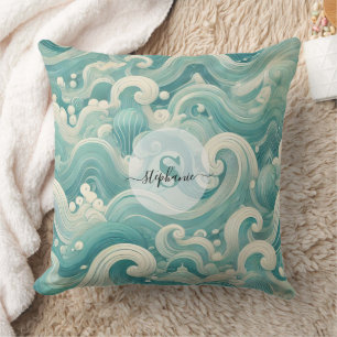 Abstract Aqua Blue & White Wave – Modern Fluid Art Cushion