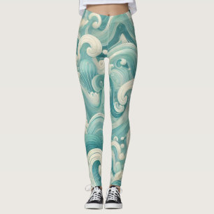Abstract Aqua Blue & White Wave – Modern Fluid Art Leggings