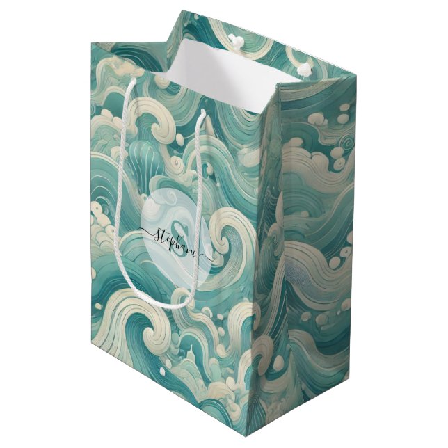 Abstract Aqua Blue & White Wave – Modern Fluid Art Medium Gift Bag (Front Angled)