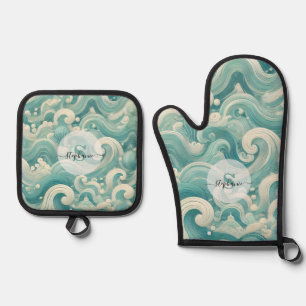 Abstract Aqua Blue & White Wave – Modern Fluid Art Oven Mitt & Pot Holder Set