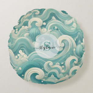 Abstract Aqua Blue & White Wave – Modern Fluid Art Round Cushion