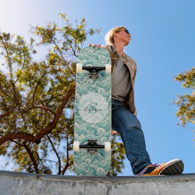 Abstract Aqua Blue & White Wave – Modern Fluid Art Skateboard (Outdoor 1)