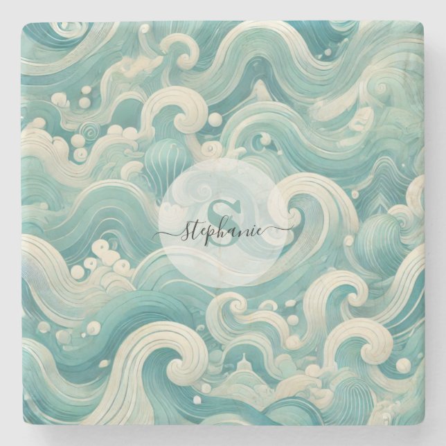 Abstract Aqua Blue & White Wave – Modern Fluid Art Stone Coaster (Front)
