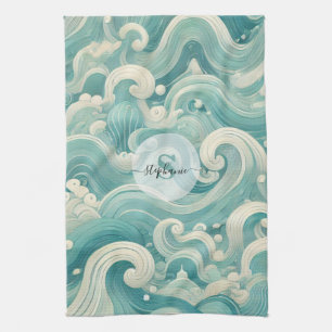 Abstract Aqua Blue & White Wave – Modern Fluid Art Tea Towel