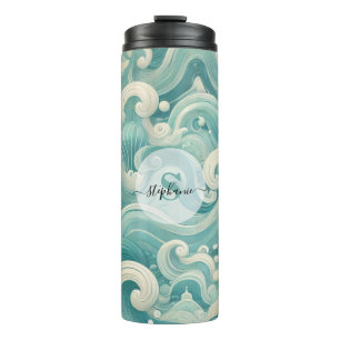Abstract Aqua Blue & White Wave – Modern Fluid Art Thermal Tumbler