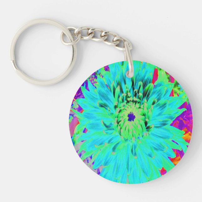 Abstract Aqua Decorative Dahlia Flower Key Ring (Front)