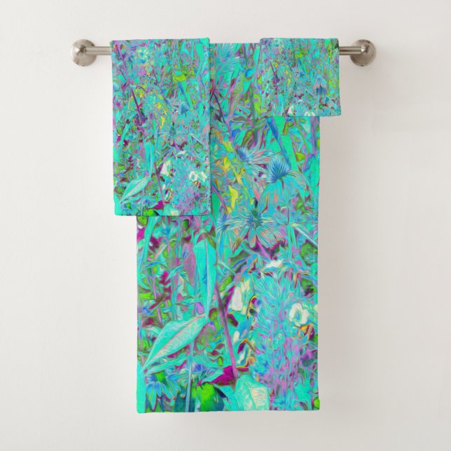 Abstract Aqua Green and Purple Coneflower Garden Bath Towel Set (Insitu)