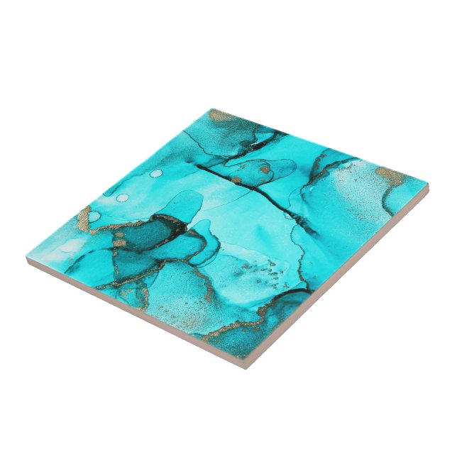 Abstract Aqua Green Organic Turquoise Gold Ceramic Tile (Side)