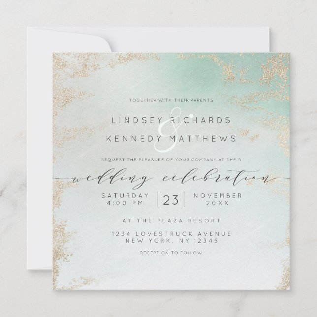 Abstract Aqua Ombre Fade with Frosted Gold Glitter Invitation (Front)