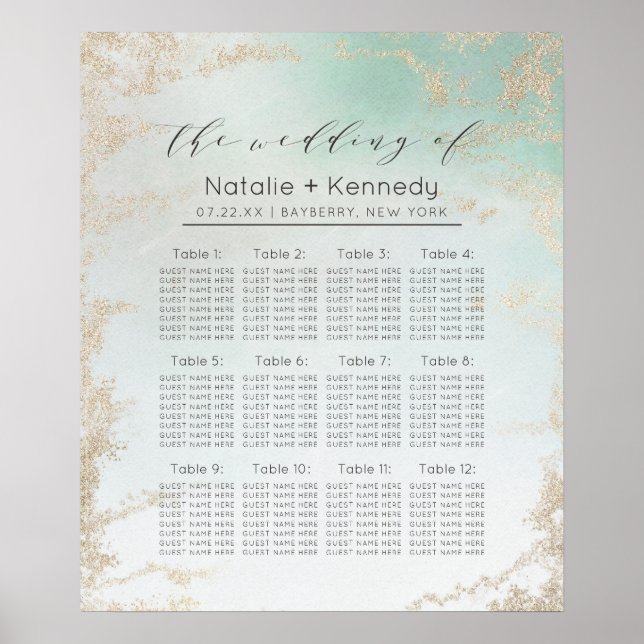 Abstract Aqua Ombre Fade with Frosted Gold Glitter Poster (Front)
