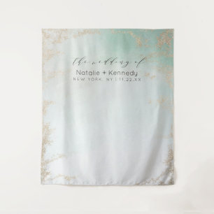 Abstract Aqua Ombre Fade with Frosted Gold Glitter Tapestry